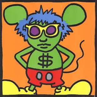 KEITH HARING - The Lovable 'ANDY MOUSE'!! Large Litho!: 139698 - Celebrated Pop Artist Keith Haring's famous 'Andy Mouse, Dollar Sign' is an homage to friend and fellow Pop Art Icon Andy Warhol. This is an unsigned Serigraph of Haring's iconic piece