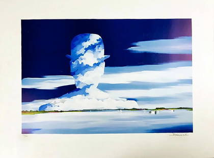 DENOEL - 'Homage to Magritte' Surreal Limited Edition: 139178 - 'Homage to Magritte' surreal image similar to Magritte's 'Son of Man' made of clouds above a calm bay by artist "Denoel". Hand-signed by the artist lower right, Limited Edition (#21/600)