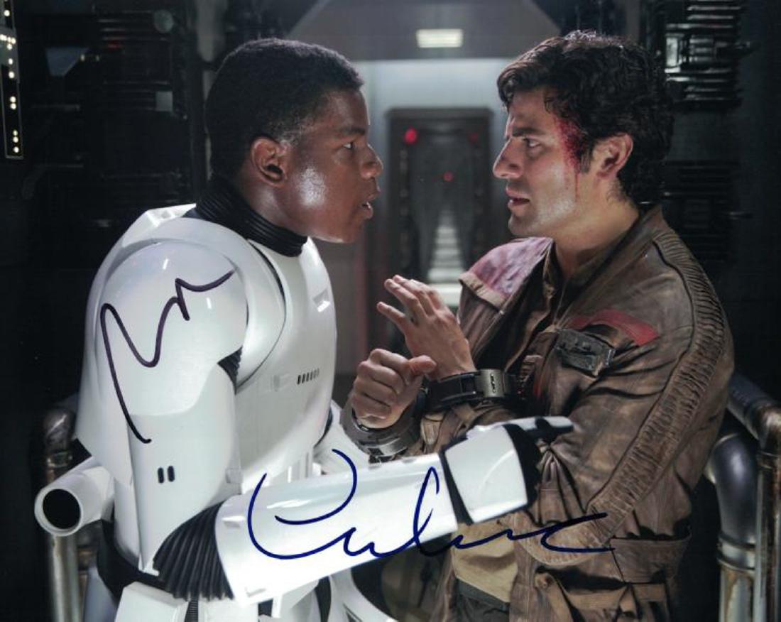 "STAR WARS: The Foce Awakens" 'Finn' and 'Poe' signed: 133341 - 100% In-Person. Signed color 8x10 scene photo by John Boyega as 'Finn' and Oscar Isaac as 'Poe'.