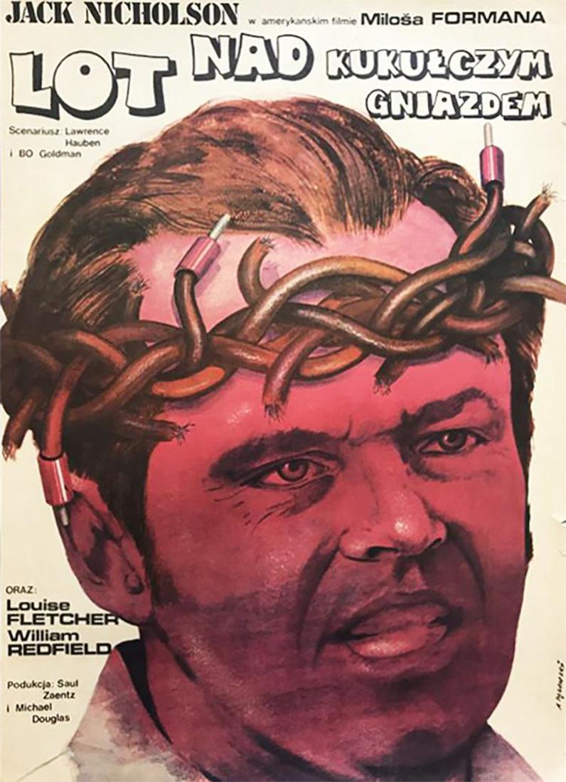 "ONE FLEW OVER THE CUCKOO'S NEST - Rare Poster: 138809 - Incredibly rare and unique original (1979-Poland) movie poster from the Oscar Winning classic "One Flew Over the Cuckoo's Nest" featuring acting legend Jack Nicholson in a shock-treatment wir