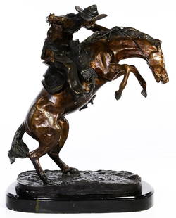 FREDERIC REMINGTON - 'Bronco Buster' LARGE Signed: A substantial and impressive bronze of Frederic Remington's (Oct. 4, 1861 Ð Dec. 26, 1909) legendary 'Bronco Buster'. With an almost copper-colored patina on the horse, this bronze has a great