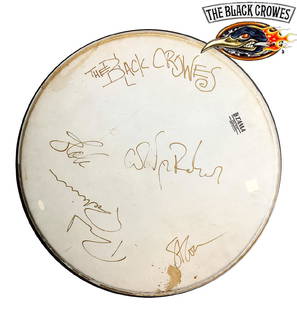 "The BLACK CROWES" - RARE Band Signed 25" Drumhead: 139298 - "The Black Crowes" have been credited for bringing back good, old-fashioned Blues Rock and have obtained enormous success. They were one of the Biggest bands of the 1990's. This is a RARE,