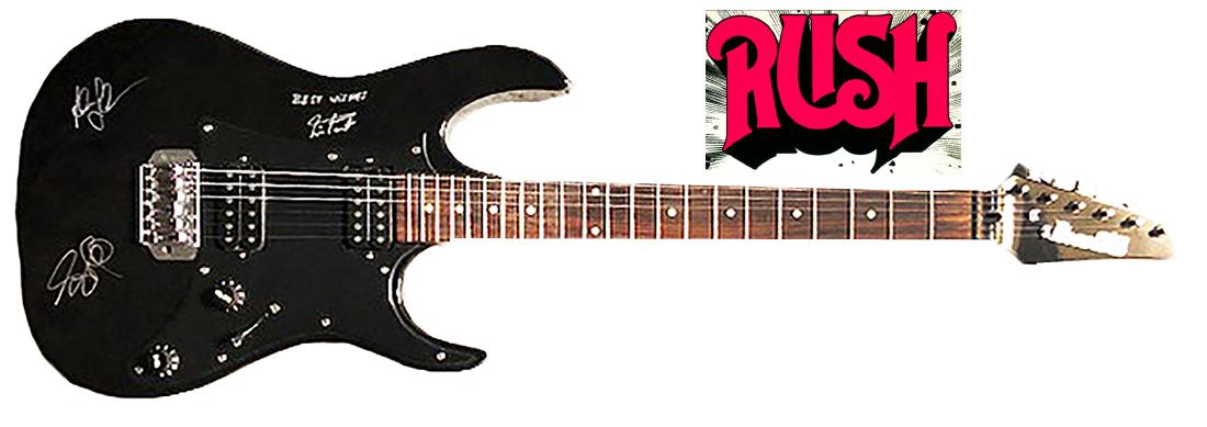"RUSH" - Rare black Ibanez Electric Guitar signed by (1 of 3)
