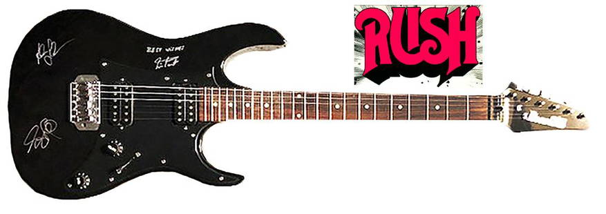 "RUSH" - Rare black Ibanez Electric Guitar signed by: ALV0063 - A spectacular black Ibanez electric guitar signed by all 3 members of "Rush"! The band is known for its musicianship, complex compositions, and eclectic lyrical motifs drawing heavily on sci