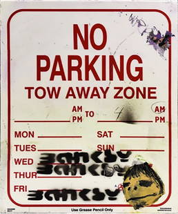 BANKSY - ORIGINAL(?) Spray-Painted Street sign: 139301 - Spray paint, partly stenciled on plastic "No Parking" street sign. Note multiple Stenciled signatures by Banksy on the front along with a decoupage Basquiat-esque hand-painted face pasted to