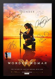 Wonder Woman - Signed Movie Poster: Signed by Gal Gadot, Chris Pine, Connie Nielsen, Robin Wright, Danny Huston, David Thewlis, Said Taghmaoui, Eugene Brave Rock, Lucy Davis High gloss stock paper in wood framing with UV protective acry