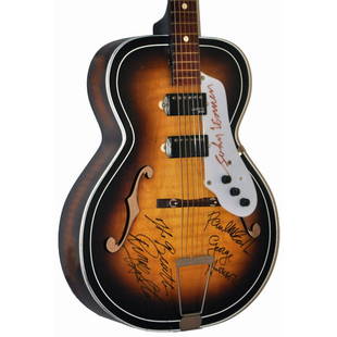 The Beatles Signed Kay Double Cut Hollow Bodied Guitar: Signed by George Harrison, Ringo Starr, Paul McCartney, and John Lennon