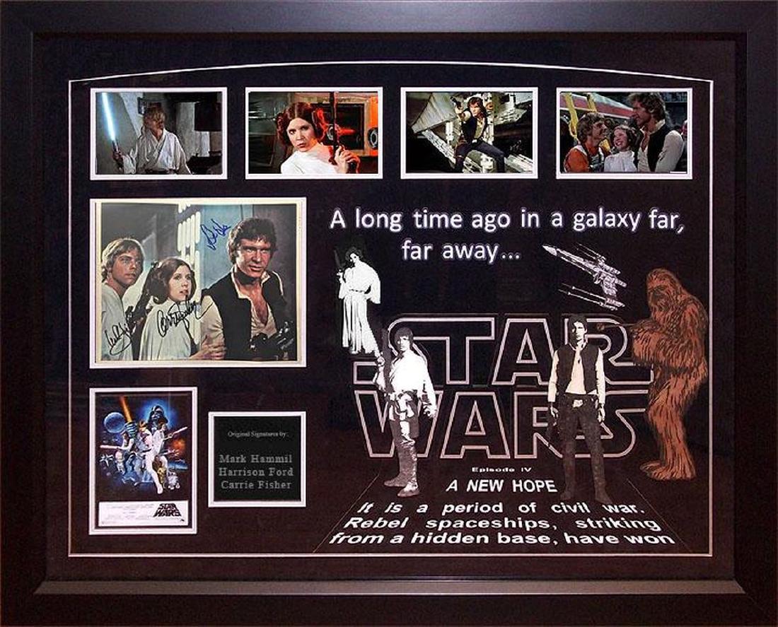 Luke, Leia, Han Collage: Signed by Mark Hamill, Carrie Fisher, and Harrison Ford