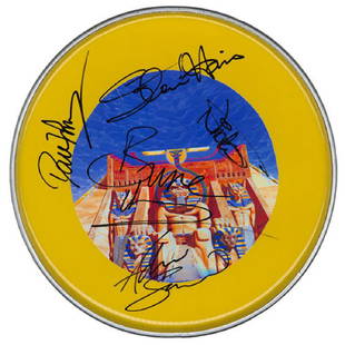 Iron Maiden Signed Drum Head: Signed by Steve Harris, Dave Murray, Adrian Smith, Bruce Dickinson, and Nicko McBrain