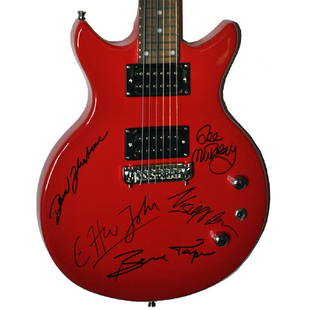 Elton John Band Signed Red Bell Styled Guitar: Signed by Elton John, Bernie Taupin, Davey Johnstone, Dee Dee Murray, and Nigel Olsson