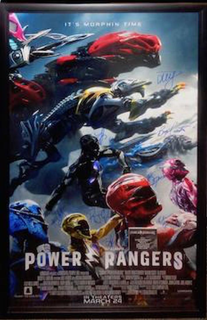 Power Rangers Signed Movie Poster: The new reboot of the 1990's live action adventure television show. Signed poster by Dacre Montgomery, Naomi Scott, Becky G., Ludi Lin, RJ Cyler, Bryan Cranston,Elizabeth Banks and Bill Hader.