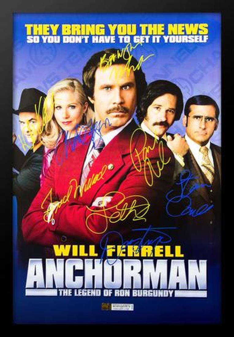 Anchorman - Signed Movie Poster: Signed by Will Ferrell, Christina Applegate, Paul Rudd, Steve Carell, David Koechner, Fred Willard, Seth Rogen & Danny Trejo High gloss stock paper in wood framing with UV protective acrylic glass All