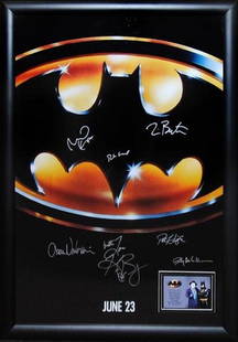 Batman - Signed Movie Poster: Signed by Jack Nicholson, Michael Keaton, Kim Basinger, Robert Wuhl, Pat Hingle, Billy Dee Williams, director Tim Burton and the late Jack Palance High gloss stock paper in wood framing with UV protec