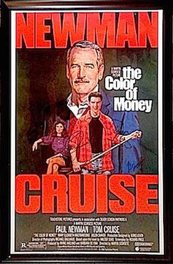 The Color of Money Signed Movie Poster: Signed movie poster signed by Paul Newman, Tom Cruise and Martin Scorsese (who signs M.Scorsese).