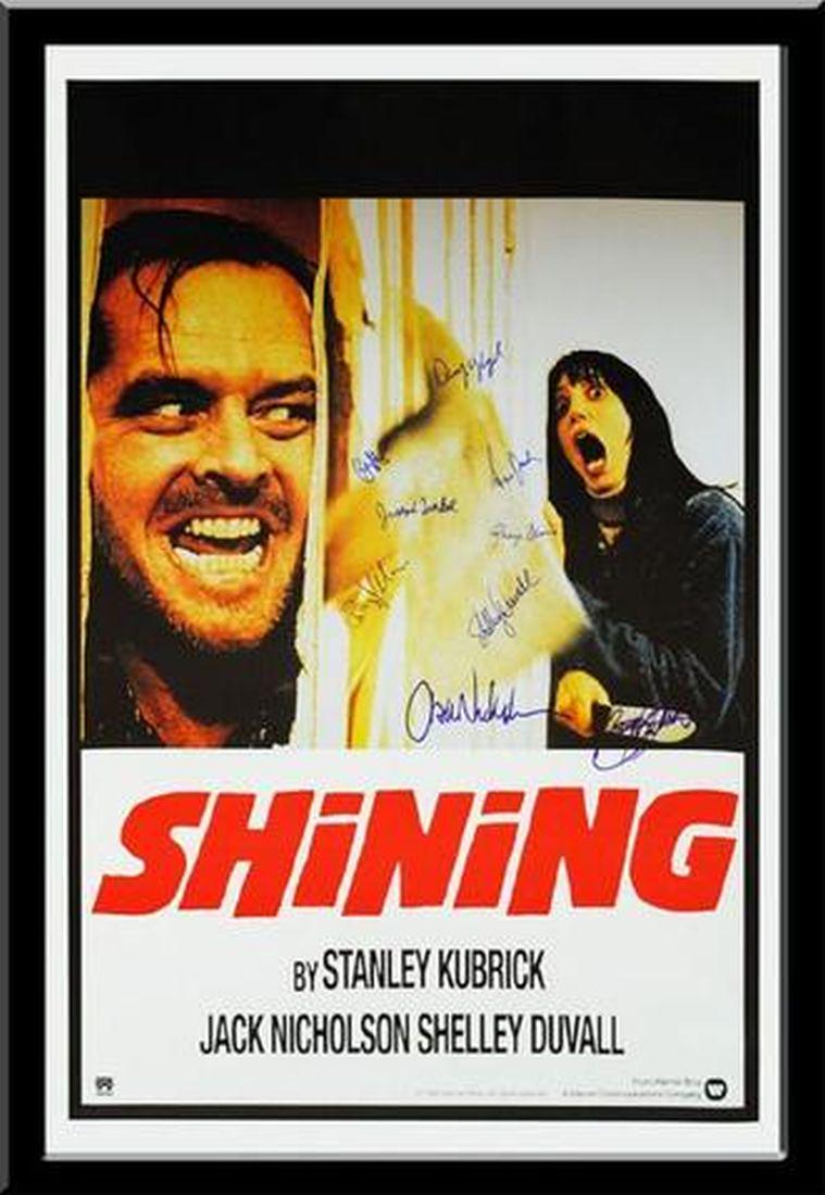 The Shining - Signed Movie Poster: Signed by Jack Nicholson, Shelly Duvall, Dany Lloyd, Barry Nelson, Anne Jackson, Joe Turkel and author Stephen King High gloss stock paper in wood framing with UV protective acrylic glass All collecti