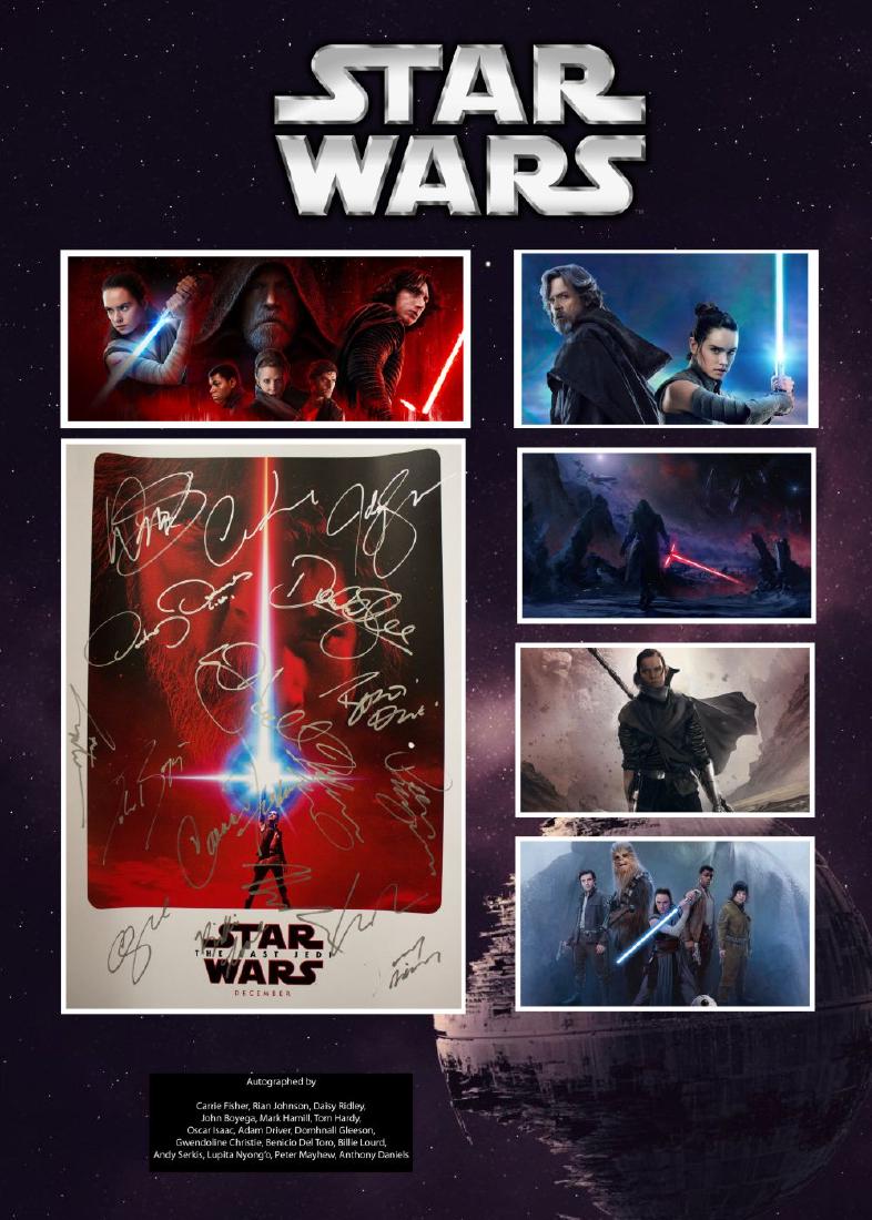 Star Wars Force Awakens Collage: Signed by Rian Johnson, Daisey Ridley, John Boyega, Mark Hamill, Tom Hardy, Oscar Isaac, Adam Driver, Domhnall Gleeson, Gwendoline Christie, Benicio Del Toro, Billie Lourde, Andy Serkis, Lupita Nyong'