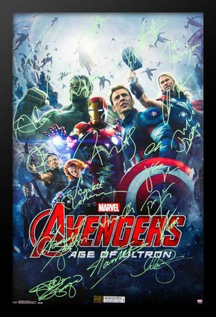 Avengers Age of Ultron Signed Movie Poster: Signed by Robert Downey Jr, Chris Evans, Chris Hemsworth, Mark Ruffalo, Jeremy Renner, Scarlett Johannson, James Spader, Samuel L Jackson, Aaron Taylor Johnson, Elizabeth Olsen, Cobie Smulders, Paul B
