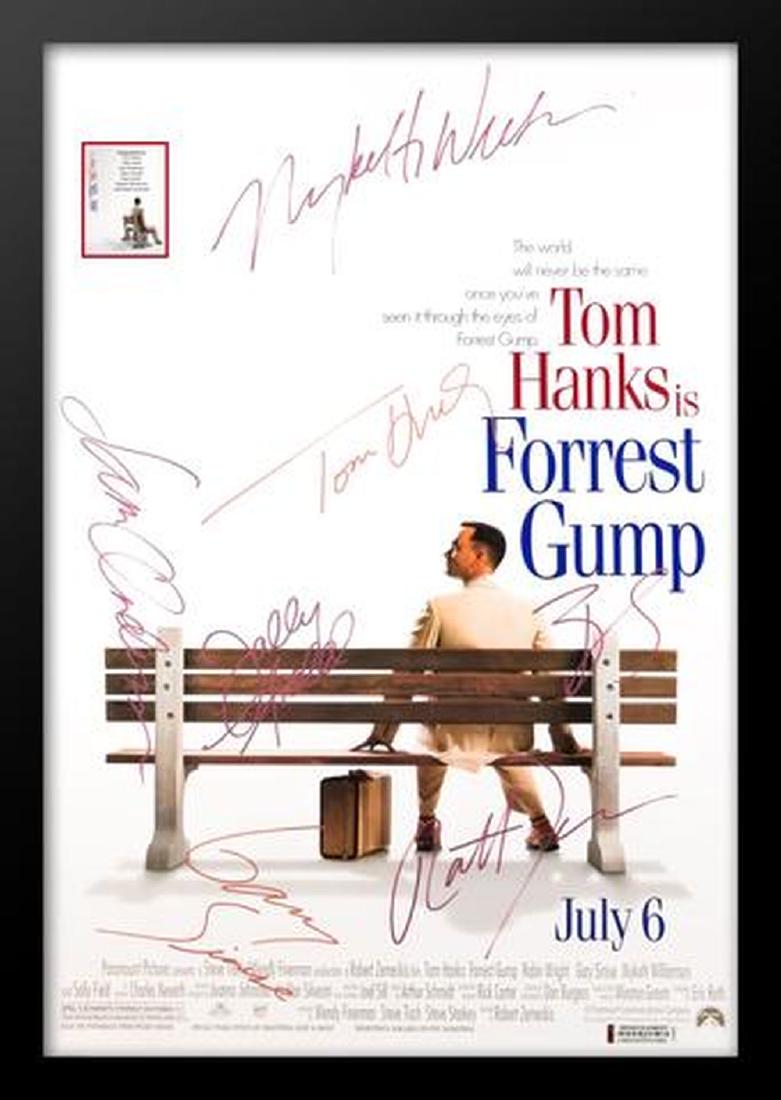 Forrest Gump - Signed Movie Poster: Signed by Tom Hanks, Robin Wright, Sally Field, Gary Sinise, Mykelti Williamson, Sam Anderson and Robert Zemeckis High gloss stock paper in wood framing with UV protective acrylic glass All collectibl