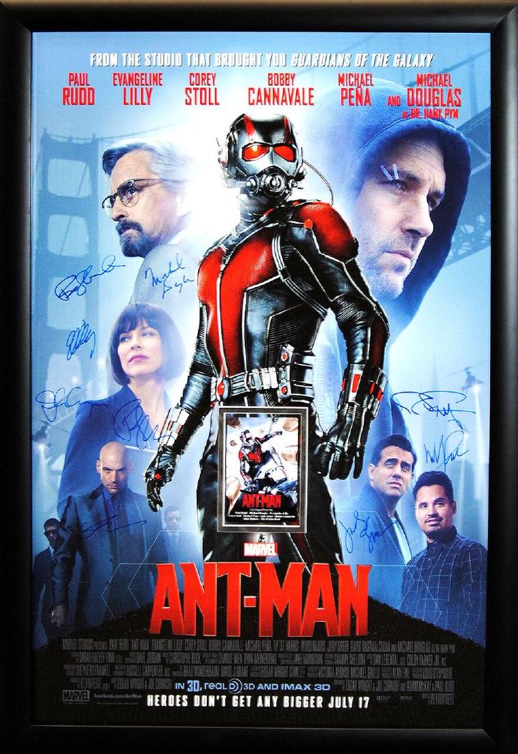 Ant-Man Signed Movie Poster: "Ant-Man" Original one-sheet movie poster signed by stars Paul Rudd, Michael Douglas, Evangeline Lilly, Corey Stoll, Michael Pena, Judy Greer, Bobby Cannavale, John Slattery, and director Peyton Reed.