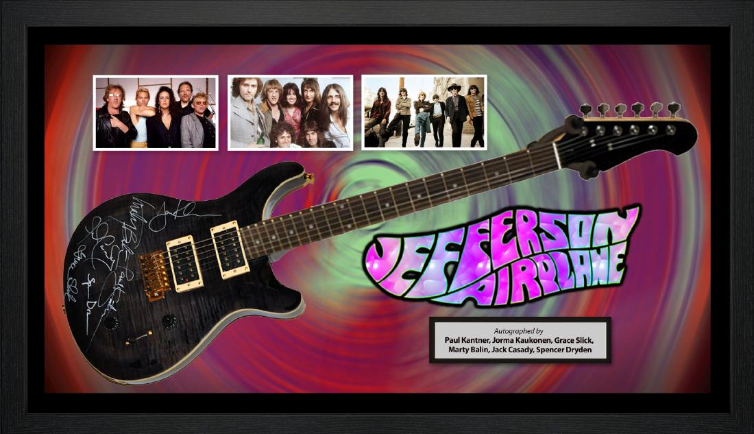 Jefferson Airplane Signed and Framed Guitar: Signed by Paul Kantner, Jorma Kaukonen, Grack Slick, Marty Balin, Jack Casady, Spencer Dryden Frame dimensions apx 42x24x4. Graphic backdrop, 3-D cutout logo/graphics, pictures, archival wood, UV prot
