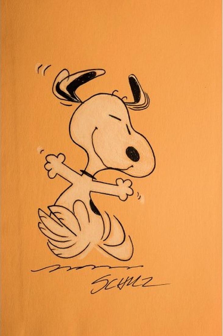 Charles Schulz Signed and Drawn Snoopy Dancing Sketch: Signed and drawn by Charles Schulz. 6 x 9 1/2 Drawing