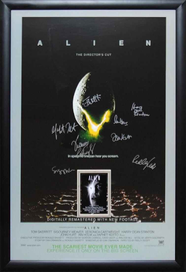 Alien Signed Movie Poster: "Alien" One of the greatest sci-fi horror films in history! Signed anniversary movie poster by Sigourney Weaver, Tom Skerritt, John Hurt, Yaphet Kotto, Veronica Cartwright, Harry Dean Stanton and dire