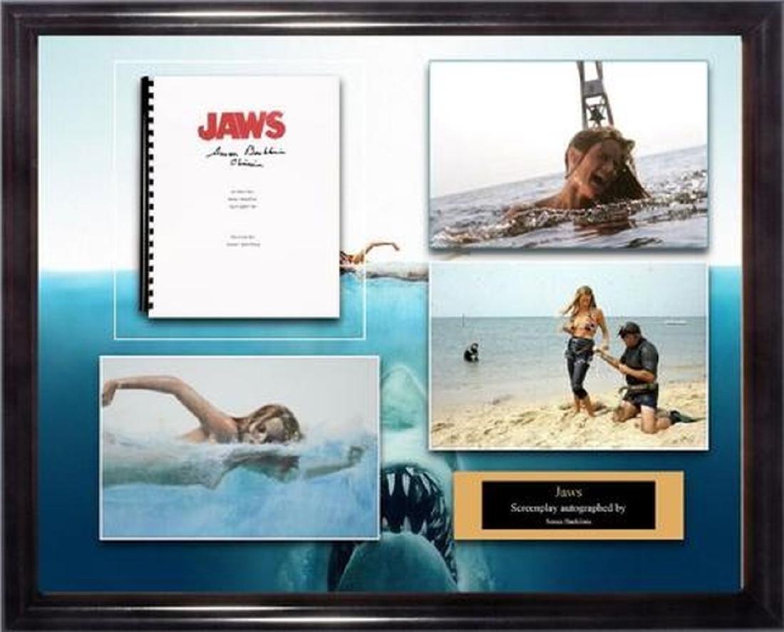 Jaws Signed Movie Script in Photo Collage: Autographed byArchival framing with UV protective glass.All contemporary autographed items are obtained in-person and come with a Lifetime Certificate of Authenticity with tamper-proof, numbered decal