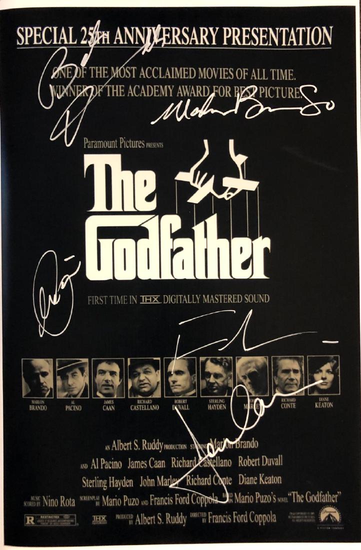 The Godfather 25th Anniversary Cast Signed Mini Poster: Framed mini poster signed by Marlon Brando, Robert Duvall, Al Pacino, Franci Ford Coppola and James Caan