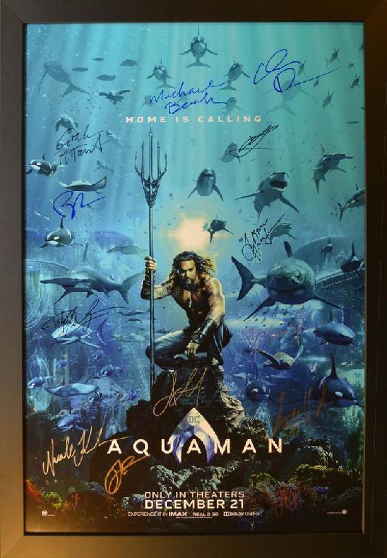 Aquaman Signed Movie Poster: "Aquaman" signed movie poster by Jason Momoa, Amber Heard, Nicole Kidman, Patrick Wilson, Willem Dafoe, Djimon Hounsou, and Dolph Lundren