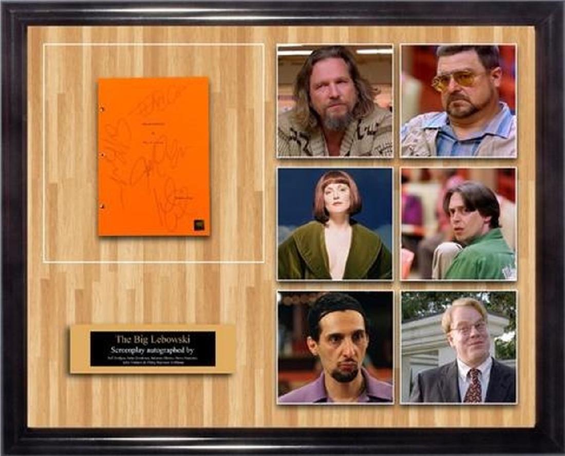 Big Lebowski - Signed Movie Script in Photo Collage: The Big Lebowski Screenplay autographed by Jeff Bridges, John Goodman, Julianne Moore, Steve Buscemi, John Turturro & Philip Seymour Hoffman. Archival framing with UV protective glass. All contemp