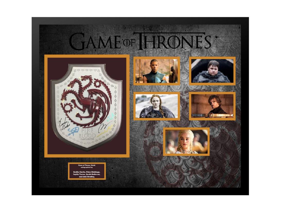 Game of Thrones Autographed Shield Collage: Signed by Emilia Clarke, Peter dinklage, Sophie Turner, Jacob Anderson, and John Bradley.