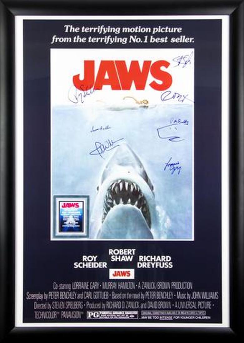 Jaws Signed Movie Poster: Signed by Roy Scheider, Richard Dreyfuss, Lorraine Gary, Susan Backlinie, composer John Williams and director Steven Spielberg