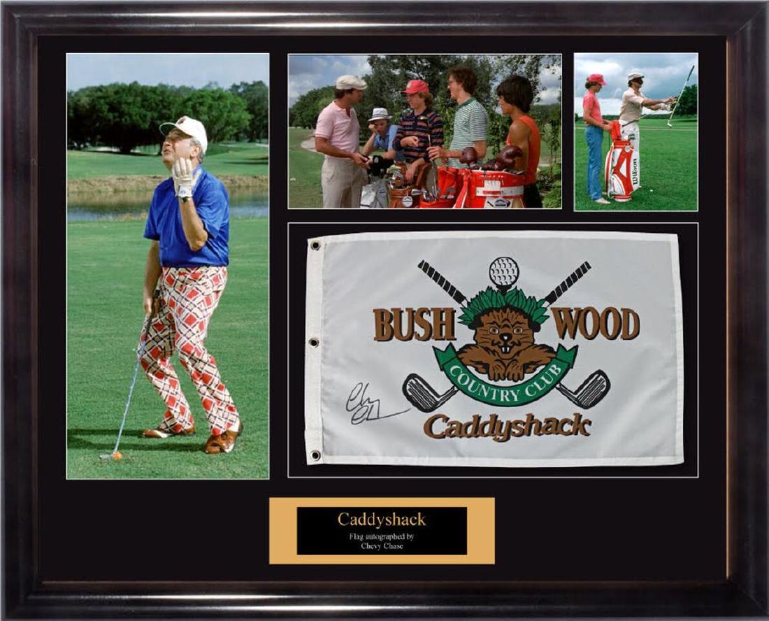 Chevy Chase Signed Caddyshack Framed Golf flag: Caddyshack signed Golf Flag Collage. This "Bushwood Country Club" Golf Flag was signed by Chevy Chase.