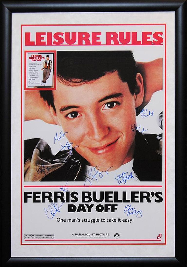 Ferris Bueller's Day Off Signed Movie Poster: Signed movie poster from the John Hughes comedy classic by Matthew Broderick, Mia Sara, Alan Ruck, the late Jeffrey Jones, Jennifer Grey, Edie McClurg, Ben Stein, Kristy Swanson and even Charlie Sheen