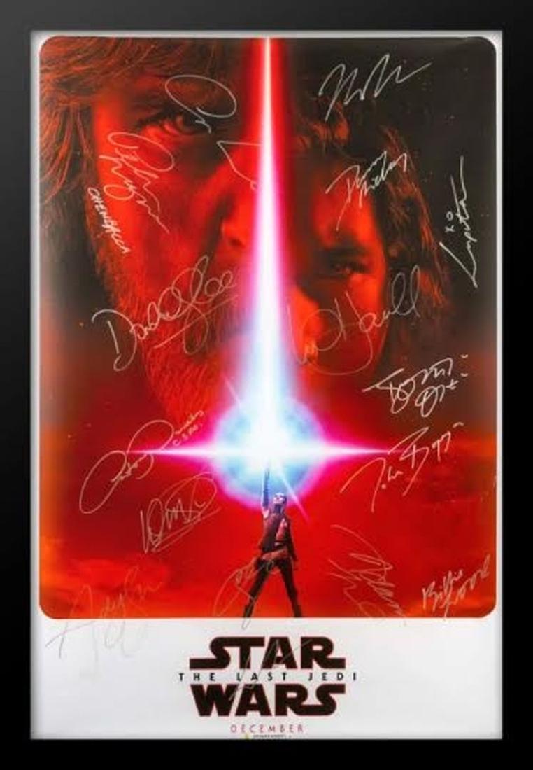 Star Wars The Last Jedi - Cast Signed Movie Poster: Signed movie poster(approx 31x44) by Rian Johnson, Daisy Ridley, John Boyega, Mark Hamill, Oscar Isaac, Adam Driver, Domhnall Gleeson, Gwendoline Christie, Benicio Del Toro, Peter Mayhew & Anthony Dan