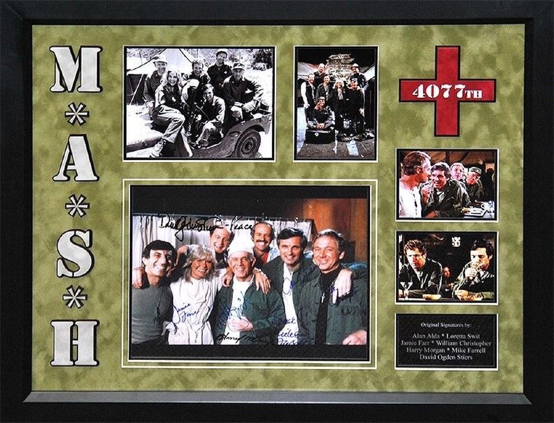 MASH Signed Photo Collage: Own this great piece of television history! This 11x14 collage features a photograph autographed by Alan Alda, Loretta Swit, Jamie Farr, William Christopher, Harry Morgan, Mike Farrell and David Ogden