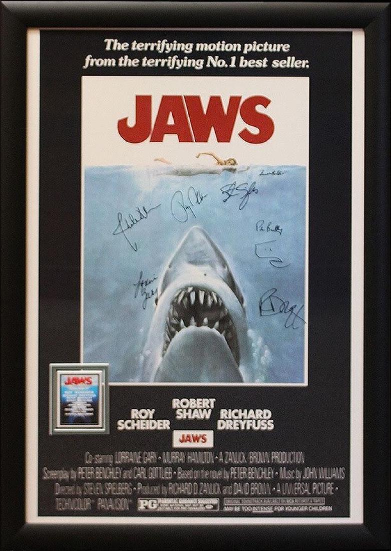 Jaws Signed Movie Poster: Signed by Roy Scheider, Richard Dreyfuss, Lorraine Gary, Susan Backlinie, composer John Williams and director Steven Spielberg.