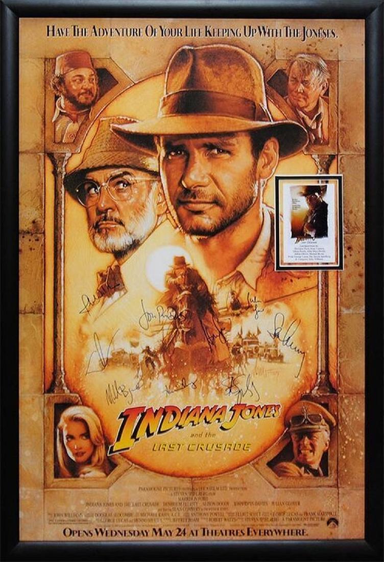 Indiana Jones Signed Movie Poster: Signed by Harrison Ford, Sean Connery, Allison Doody, John Rhys-Davies, Julian Glover, composer John Williams, producer George Lucas and director Steven Spielberg.