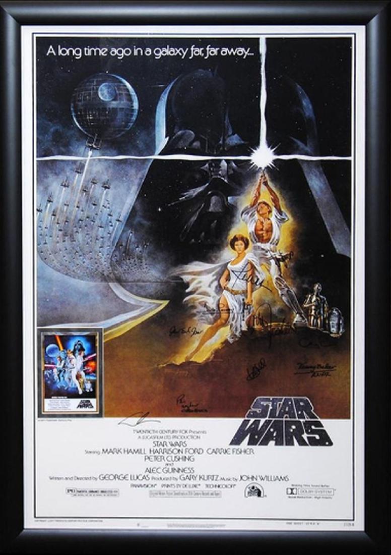 Star Wars A New Hope - Movie Poster Signed by Cast with: Signed movie poster(approx 31x44) signed by Mark Hamill, Harrison Ford, David Prowse, Anthony Daniels, Kenny Baker, Peter Mayhew, John Williams, and George Lucas