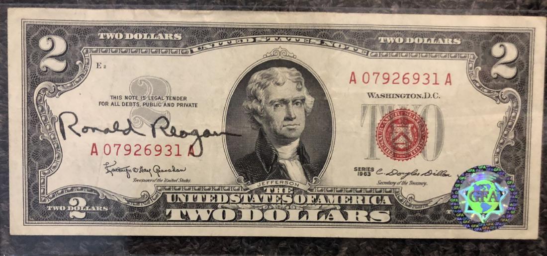 Ronald Reagan Signed US Two-Dollar Bill: Signed by Ronald Reagan. Comes with GFA authentication