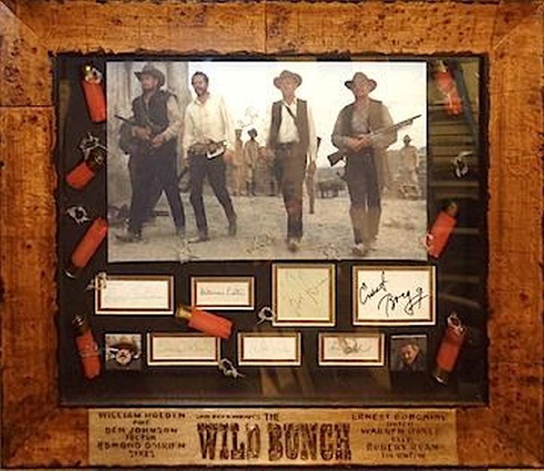 The Wild Bunch signed Collage: Original signature clip presentation by seven stars of the movie. Autographs include: William Holden , Ben Johnson, Edmond O'Brien, Ernest Borgnine, Warren Gates, Robert Ryan, and Sam Peckinpah