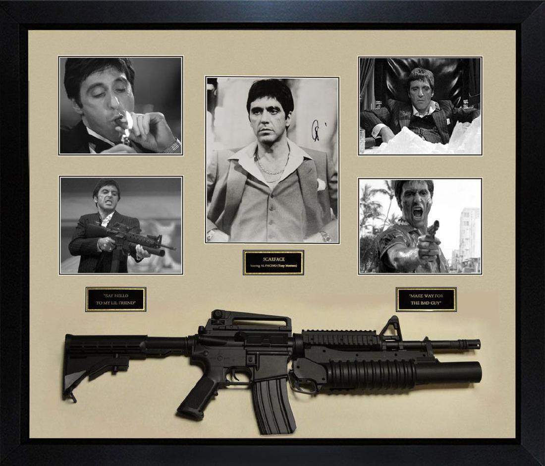 Al Pacino Signed Scarface Collage: Photo Signed by Al Pacino with framed prop Gun