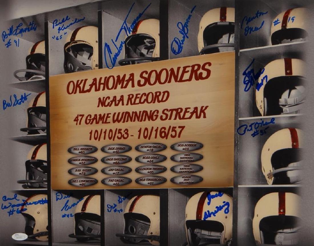 1953-57 Oklahoma Sooners Autographed 16x20 47 Game: Signed by Bill Levonitis, Bill Krisher, Clendon Thomas, Chuck Bowman, Benton O'Neal, Jay O'Neal, Pat O'Neal, Jack Shilling, Dick Gwinn, Dick Evans, Calvin Woodworth and BW Scott