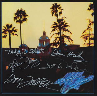 The Eagles Band Signed Hotel California Album: Signed by Don Henley, Glenn Frey, Don Felder, Joe Walsh, and Timothy B Schmit. Item won't sell below $300