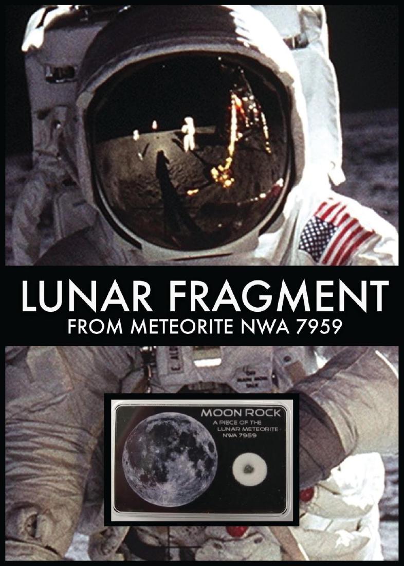 Framed Lunar Meteorite Piece Collage: Genuine framed piece of lunar meteorite NWA 7959. Unsigned. Item in fantastic condition. Item is approximately 11x19in