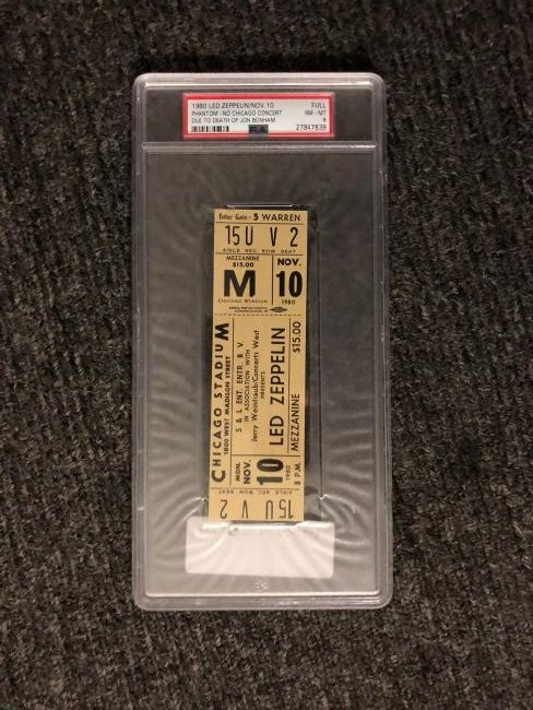 Led Zeppelin Original 1980 Chicago Stadium Cancelled: Unsigned, original 1980 concert ticket for Led Zepplin's November 10 show at Chicago Stadium that was cancelled due to John Bonham's death Comes PSA slabbed with Cert# 27847839 Item is approximately 9