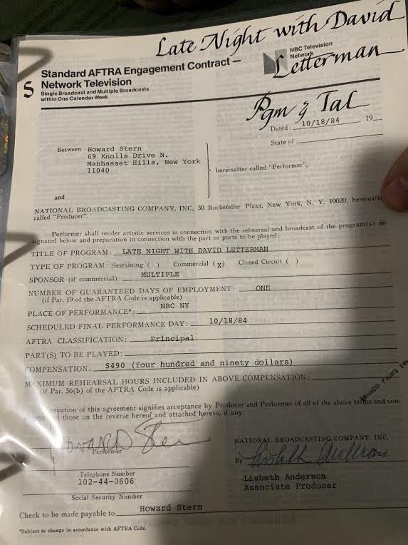 PSA Howard Stern Signed David Letterman Contract