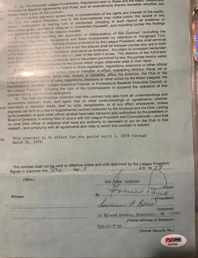 PSA Authenticated Yogi Berra Signed Contract
