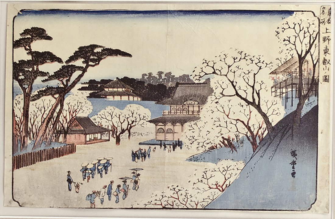 Japanese Woodblock Print of Toeizan Temple by Hiroshige: Utagawa Hiroshige (Ando Hiroshige) (Japan 1797-1858) Rare 19th century ukiyo-e woodblock print. "Toeizan Temple at Ueno (Ueno Toeizan no zu)" from the series Famous Places in the Eastern Capital. Colo