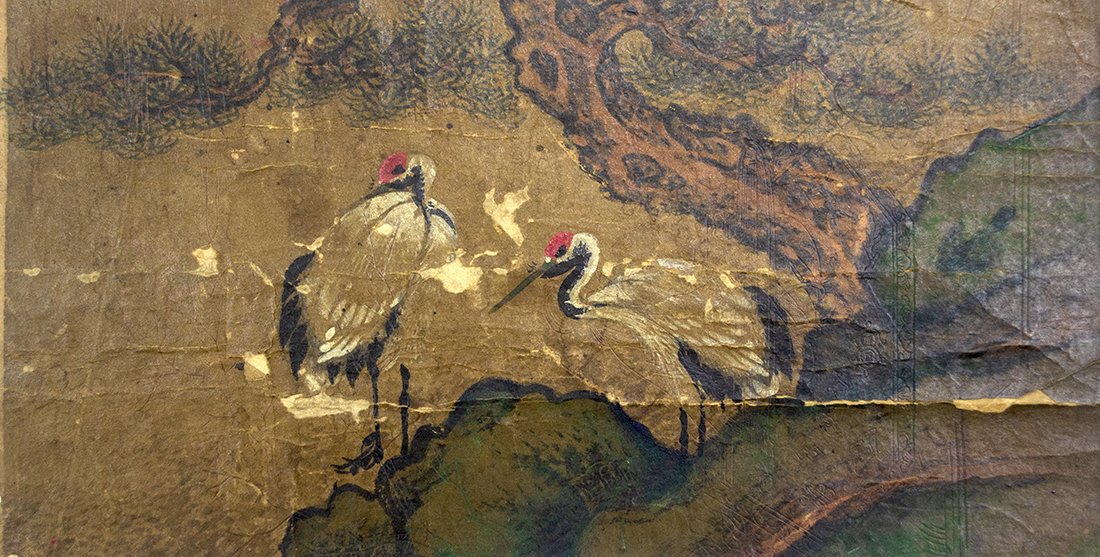 18th Century Korean Painting of Cranes: Small depiction of imperial cranes from Korea circa 18th century. Artist unknown, fair condition: consistent with age.